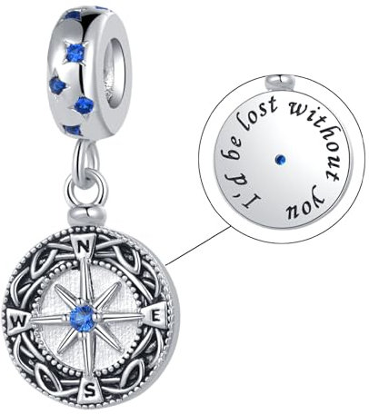 LSxAB Charm a forma di bussola con scritta I'd be Lost Without You, compatibile con braccialetti Pandora, Metallo, Nessuna pietra preziosa