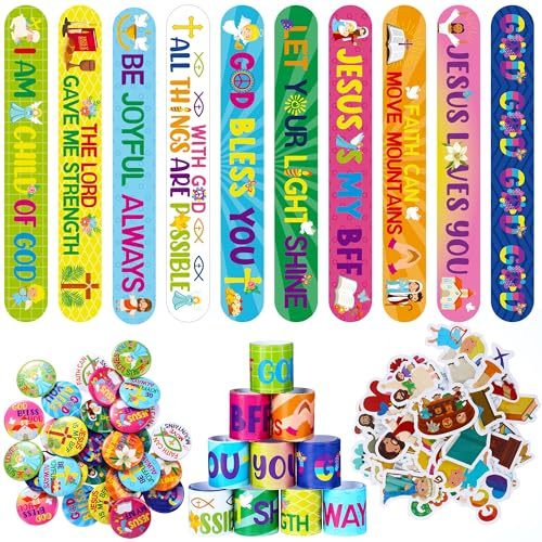 Frienda 110 Pcs Christian Gifts Bulk Included Religious Slap Bracelets Bible Verse Stickers Jesus Loves You Button Pins Inspirational Prizes for Boys Girls Students Sunday School Party Favor(Stylish)