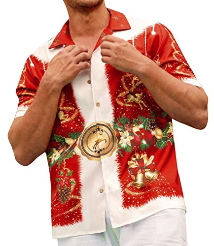 GREGG Funky Santa Hawaiian Shirt - Print Button Down Short Sleeve Shirts - Summer Beach Casual Shirt (Xmas B, 3X-Large)