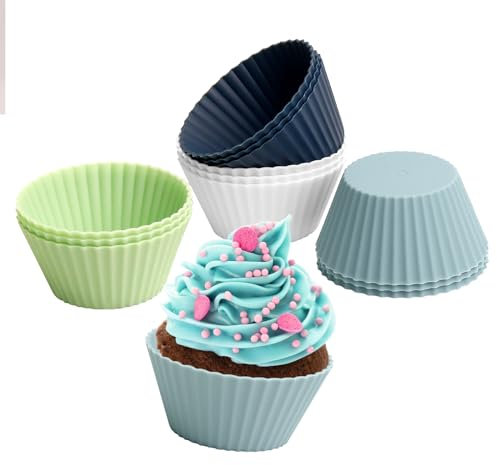 Silicone Muffin Cupcake Cases Reusable - 12 Pack 4 Colours Cake Moulds,Non-Stick BPA Free Nonstick Baking Cups for Pudding,Cupcake Tin,Bun Pan,Air Fryer Liners Bakeware
