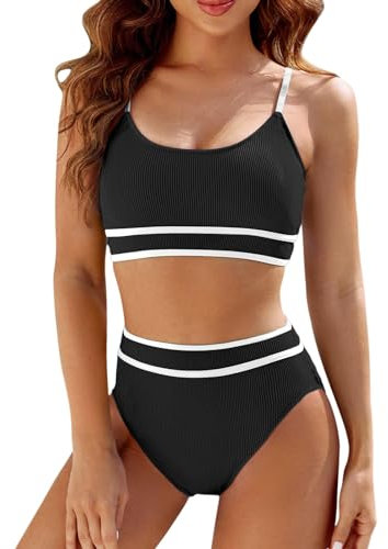 Bikini Damen Set Push Up Bikini High Waist Zweiteilige Badeanzug Bademode Elegant Sportlich Streifen Farbblock Bikini Sets Oberteil Bikinihose Hotpants Strandkleidung