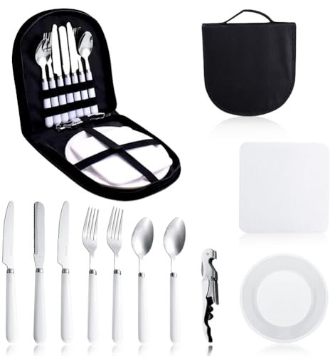 DANNEEFORSU7 Camping Geschirr Set für 2 Personen, Portable Besteck Set, Tragbares Outdoor Reisebesteck mit Edelstahl-Gabeln, Messer und Löffel, Campingbesteck Set für Camping Picknick Grillen Reisen