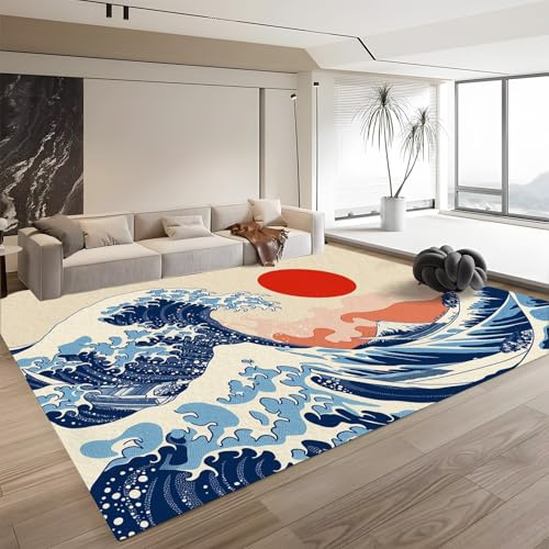 Teppich Gegend Wohnzimmer Waschbar Kurzflor Flauschiger Rutschfester Cartoon-Comic Surfen und rote Sonne Teppich Schlafzimmer Langlebig Carpet, 120 x 180cm Traditioneller japanischer Kunststil