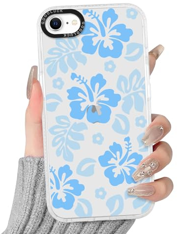 RUMDEY Clear Hibiscus Flower Case for iPhone 7/8 / SE 2020 / SE 2022 4.7, Cute Preppy Floral Pattern Aesthetic Design Soft Anti-Yellow Protective Shockproof TPU Phone Cover for Women Girls - Blue