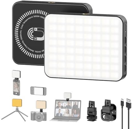 Smiling Shark Tragbar Video Licht, Camera Foto Licht mit Clip 2000mAh Wiederaufladbar 3 Farben CRI 80+ Dimmbar Drehbar Cold Shoe Magnetisches Camera LED Fill Light für Live Kamera Tablet Handy