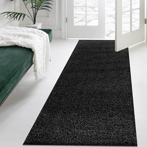 Fit Even Dream Shaggy Runner Rug - Hallway Carpet Runners, Non-Slip Floor Mats for Kitchen, Living Room, Corridor, Entryway, Door Entrances – (Black, 60x220 cm)