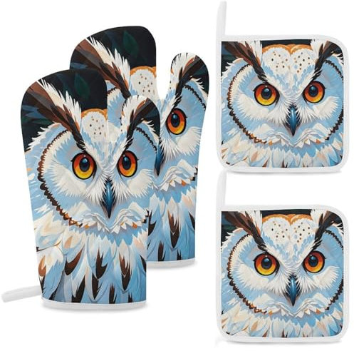 Ofenhandschuhe und Topflappen-Sets mit weißen Eule, hitzebeständige Handschuhe, Topflappen, rutschfeste Kochhandschuhe für Küche, Backen, Grillen (4 Stück)