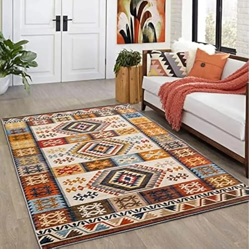 AAFUOO Marokkanischer Tribal-Boho-Vintage-Teppich für Wohnzimmer, orange, waschbar, rutschfest, Schlafzimmerteppich, Bohemian-Orientalischer Akzentteppich, 60 x 110 cm