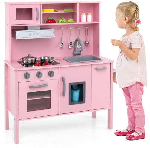 Maxmass Wooden Kids Play Kitchen, Toddler Role-play Cooking Playset with Ice Maker, Cookware Utensils, Cuttable Fruits, Range Hood, Realistic Sound, Children Pretend Kitchen for Boys Girls (Pink)