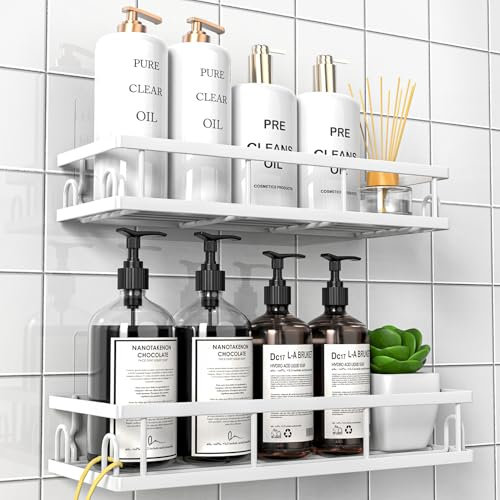 UUlioyer Shower Caddy, Shower Shelf No Drilling, Bathroom Accessory- Bath Storage for Shampoo (White-2 Pack)