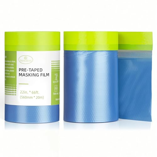 Tangibay Pre-Taped Masking Film for Painting - 22 x 66' Painters Plastic Sheeting with Automotive Paint Tape and Drape for Covering Cars, Walls, Windows and Furniture Protection (2 Rolls)