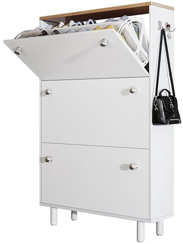 Blisswood Shoe Cabinet With Legs, 3 Drawer Wooden Shoe Storage Organiser Cupboard Unit, Freestanding Modern Shoes Rack Cabinet Entryway Footwear Stand For Shoes (White)