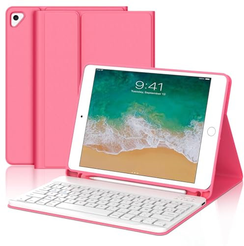 Coque Clavier pour iPad 6/5 EME Generation/Pro 9.7/Air 2/Air 1 9.7, Étui Keyboard AZERTY Français Layout sans Fil Bluetooth Amovible avec Porte Crayon pour iPad 9.7 2018, Rose foncé