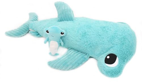 LES DÉGLINGOS Les PTIPOTOS by Peluche Maman Bebe - Toute Douce - Cadeau Naissance - Clou Le Requin Marteau Maman & Bebe - 57CM - Bleu Aqua