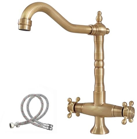 NIUKOMY Rétro Mitigeur Cuisine Bronze, Robinet Lavabo en Laiton Antique à Double Poignée, Rotatif à 360° Mitigeur Cuivre de Salle de Bain Chaud et Froid