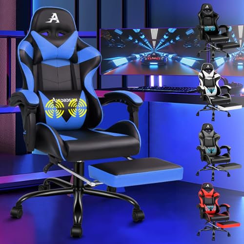 ALFORDSON Sedia Gaming Ergonomica per Ufficio con Massaggio, Poggiapiedi Retrattile e Rivestimento in Pelle PU - Regolabile in Altezza e Reclinabile, Capacità 180 kg, Blu