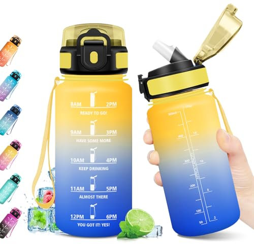 KollyKolla Cantimplora 500ml, Botella Deportiva Antiderrame Reutilizable, sin BPA, Cantimplora con Marcador de Tiempo, Botella con Pajita para Niños, Running, Cámping, Oficina, Bicicleta, Fitness