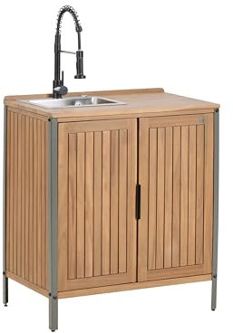 Armario de cocina exterior de madera de acacia 2 puertas 2 estantes con fregadero y grifo 50 x 80 x 92 cm encimera de madera maciza marrón/negro Ivrea