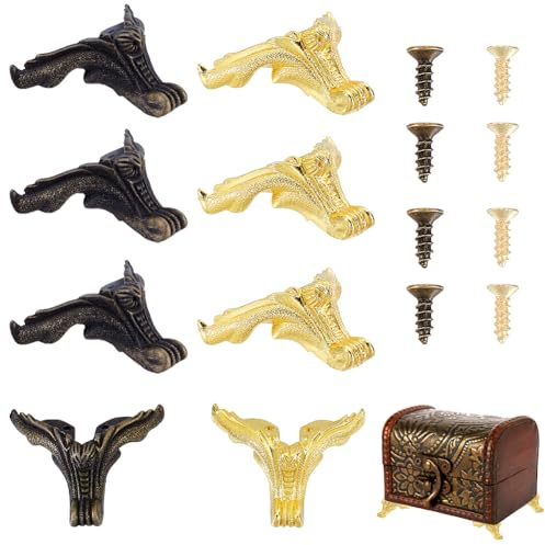 AHANDMAKER 8 Stück Box Beine Füße Retro Design Dekorative Holz Fall Beine Schmuck Brust Lagerung Ecke Für Möbel Eckenschutz Wohndekor (Antikbronze Und Gold)