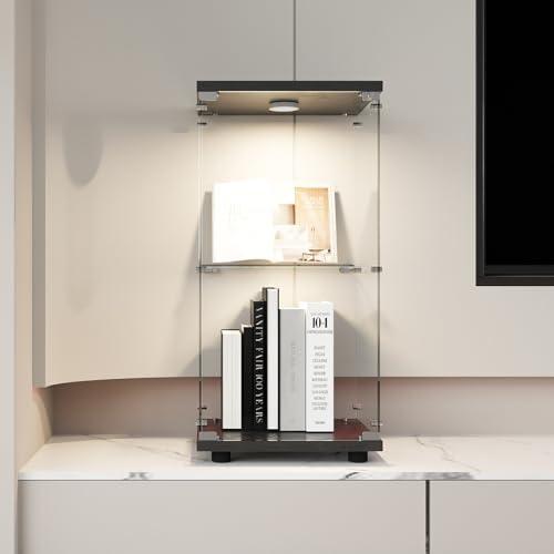 TIMORWTF Vetrina in vetro, trasparente vetrina LED con serratura, mobile vetrina per collezione con 1 anta e 2 ripiani, armadio da vino in vetro temperato per soggiorno, 86 x 40 x 36 cm, nero