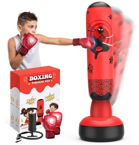 Fun Punching Bag for Kids Ages 3-8, 58 Inflatable Punch Bag with 2 Targets & Kids Boxing Gloves,Pump, Kid Gym Equipment, Boxing Bag for Boys & Girls, The Most Special Christmas Birthday Gifts Toy