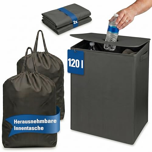 LEFELD Pfandflaschen-Sammelbehälter 120 Liter – mit Deckel, 2 herausnehmbaren waschbaren Innentaschen & stabilem Boden – für Keller, Garage & Haushalt – platzsparend & hygienisch