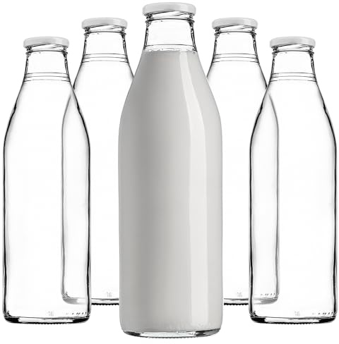 KADAX 5er Set Glasflaschen 1L mit Schraubverschluss 5 Stück – Leere Milchflaschen Saftflaschen zum Befüllen für Saft, Milch, Smoothies & Sirup, Refillable Glass Bottles