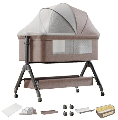 Aveainelle Cuna de noche portátil, altura ajustable, con cesta de almacenamiento de mosquitera, gris y negro (KHAKI)