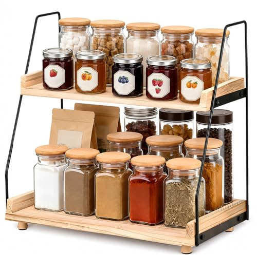 2 Tier Coffee Bar Organiser, Wooden Countertop Storage Shelf Rack | 2-tier wood and metal organiser saves counter space, ideal for coffee pods, spices, mugs and bathroom or office storage.