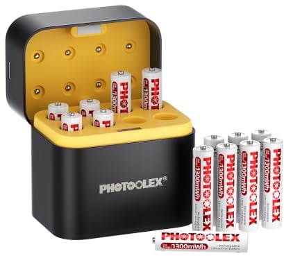 PHOTOOLEX Batterie AAA ricaricabili al litio 16 pezzi con caricabatterie, 1300 mAh alta capacità 1,5 V alta potenza di uscita Triplo A Li-ion Batteria, 1600+ cicli Batteria AAA con caricabatterie