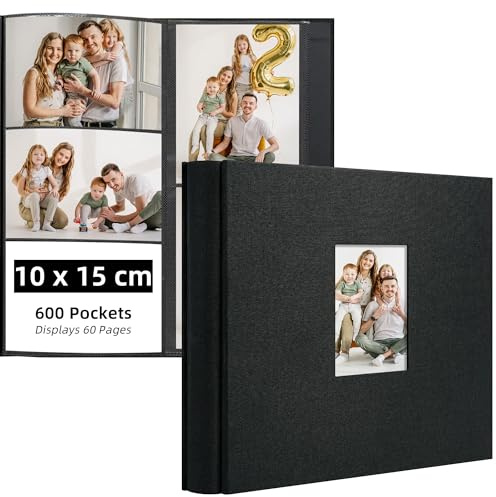 Remowith Fotoalbum Einsteckalbum 10x15 cm Photo Album für 600 Fotos im Hoch- und Querformat Fotoalbum Groß mit Stoffcover und Fenster Ideal für Hochzeit Familie Reisen und Babywachstum, Schwarz