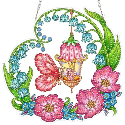 AIRDEA Maiglöckchen Diamond Painting Fensterbilder, 5D Brillante Schmetterlinge Laterne Diamond Painting Fensterbilder Beidseitig, Bausätze für Diamantmalerei Suncatcher Erwachsene