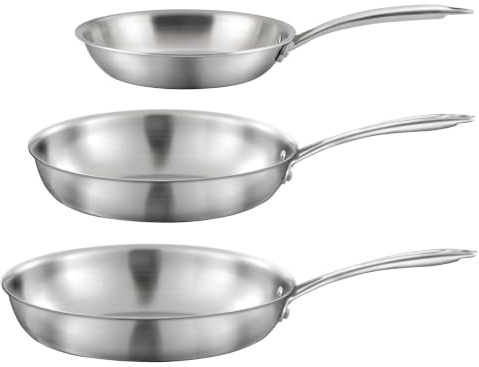 CUISINOX - Gourmet - 3 poêles tout inox 2-24-28 cm - Poignée fixe - Triply - Compatible tous feux - Acier Inox 18/1 - Finition Satinée - Sans PFAS, PTFE, PFOA - Made in France
