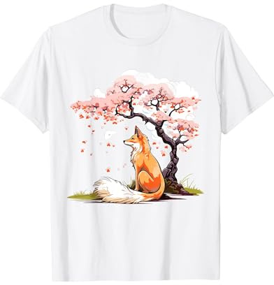 Fox Japanese Cherry Blossom Tree Flower Kawaii Japanese Art T-Shirt
