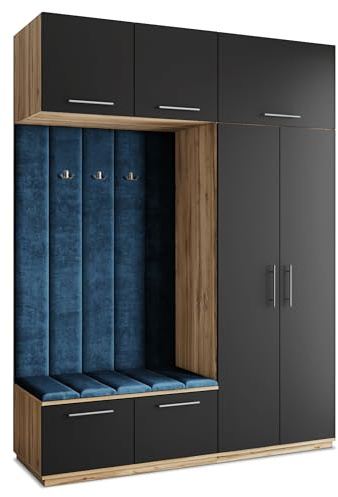Masseno Flugarderoben Set Rema, Kleiderschrank-Set mit Sitzbank, Garderobenschrank Flur mit 5 Regalböden, Eiche Wotan/Schwarz