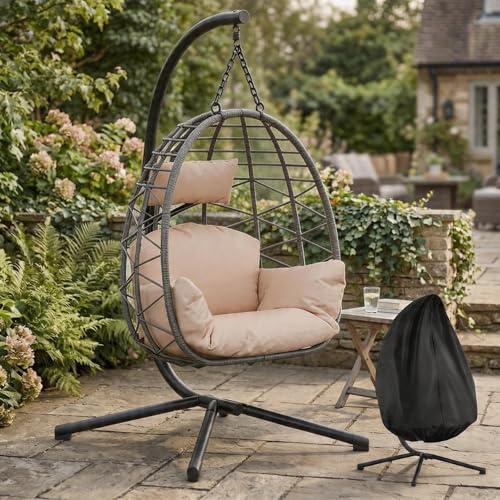 Koioplie Komfortabler Hängesessel mit Gestell – Faltbarer Rattan Ei-Stuhl,