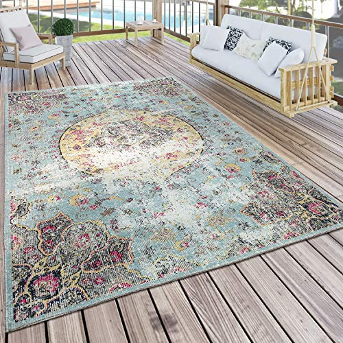 Paco Home In- & Outdoor Teppich Modern Orient Print Terrassen Teppich Türkis, Grösse:80x250 cm