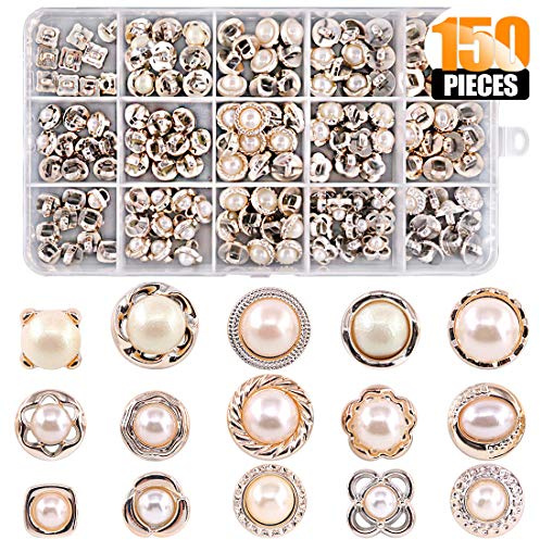 Rustark 150 Piece Assorted Pearl Buttons Resin White Pearl Shank Button 8mm 10mm 11mm Vintage Sewing Button Come with Storage Case for Crafts, Clothes, Wedding Dress and DIY Project