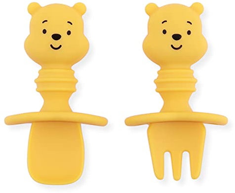 Bumkins Utensils, Disney Silicone Chewtensils, Baby Fork & Spoon Set, Training Utensils, Baby Led Weaning Stage 1 for Ages 6 Months+ Winnie The Pooh