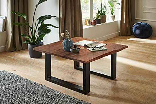 SAM Couchtisch 80 x 80 cm Quintus, echte Baumkante, massiver Beistelltisch aus Akazienholz, nussbaumfarben, Metallgestell schwarz, nussbaum/schwarz
