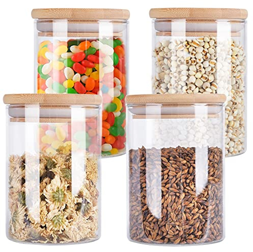 Aoeoe 4 Pack Glass Storage Jars with Airtight Bamboo Lid, 27 OZ Food Storage Jar, Glass Kitchen Canisters, Clear Container for Coffee Bean Storage, Dry Goods, Cookie, Candy, Tea, Spices