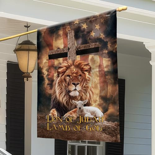Amerikanische Flagge, Löwe von Judah Lamb of Gottes Kreuz v1 Flagge, Hausflagge (75 x 100 cm) – USA-Flagge Premium-Polyester, dekorative Flagge für drinnen und draußen