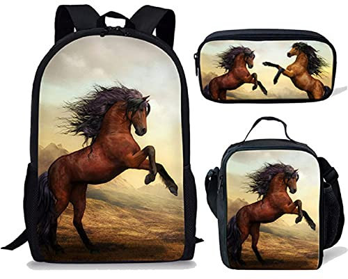 NETILGEN Tier Pferd Rucksack Schultasche Jungen mit Outdoor-Reisen Wandern Picknick Lunch-Tasche, Pferde-Stift-Etui 3pcs Schulset Pferdebücher für Mädchen im Teenageralter