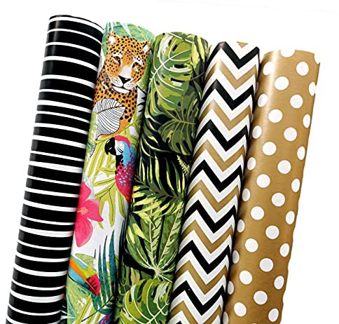 Geschenkpapier Dschungel 5 Rollen Set Papier Rollen für Geburtstag Party Geschenkverpackung in Gold Schwarz Blätter Punkte Design Urwald Rolle je 70 cm x 2 m