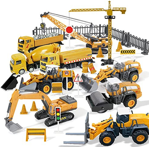 Construction Site Vehicles Toy Set, Kids Engineering Playset, Tractor, Digger, Crane, Dump Trucks, Excavator, Cement, Steamroller, Birthday Gift for 3 4 5 Year Old Toddlers Boys Children