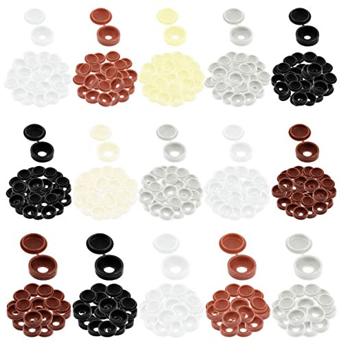 Mardatt 300Pcs Plastic Screw Cover Caps, 4/5/6mm Hinged Snap Covers Washer Flip Tops, Color Assortment Set (Black, White, Brown, Yellow, Gray)