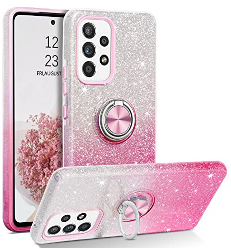 DOMAVER Hülle für Samsung Galaxy A53 5G Glitzer, Handyhülle Samsung A53 Case mit 360 Grad Ring Halter, TPU Silikon Stoßfeste Kratzfest Crystal Schutzhülle für Samsung A53 6.5, Farbverlauf Rosa