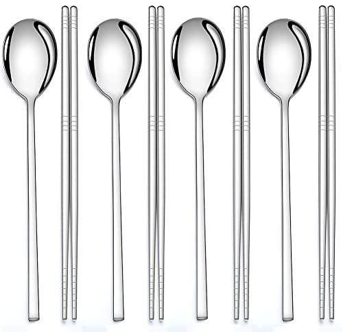 AOOSY 4 Pairs Chopsticks and 4 Spoons Set Korean Stainless Steel Chopsticks Spoons, Kitchen Reusable Metal Flat Long Handle Chopstick Spoon Set for Home, Kitchen or Restaurant