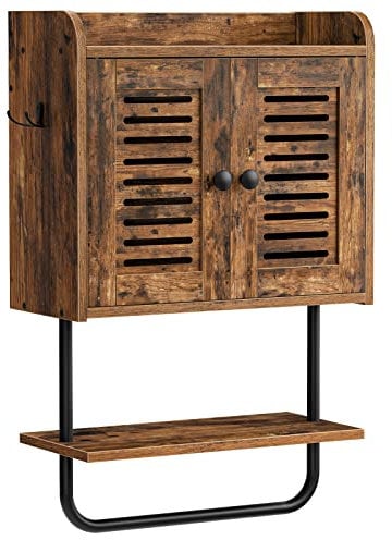 HOOBRO Mobile da Cucina, Armadietto per Bagno da Parete, per Medicinali, con 2 Ante a Persiana e Portasciugamani, Ripiano Regolabile, 2 Ganci, Camera, Cucina, Marrone Vintage e Nero EBF46CW01