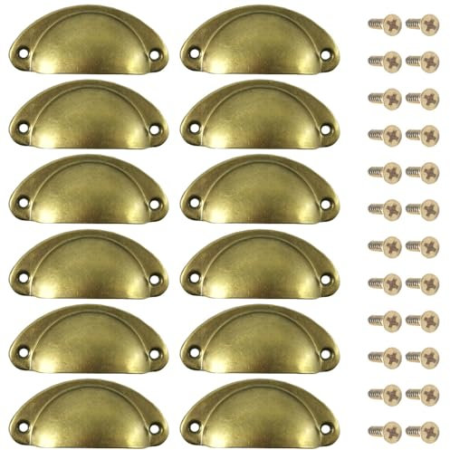 Yosawo 12 Pieces Shell Cup Handles,Door Drawer Cabinet Semicircle Handle Furniture Cabinet Dresser Door Knobs Handles with Screws (Brass)